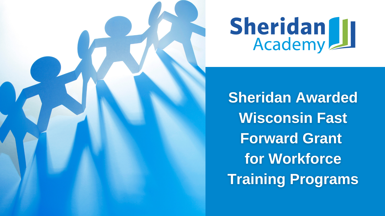 People cutout image with Sheridan Academy logo, blue box and text