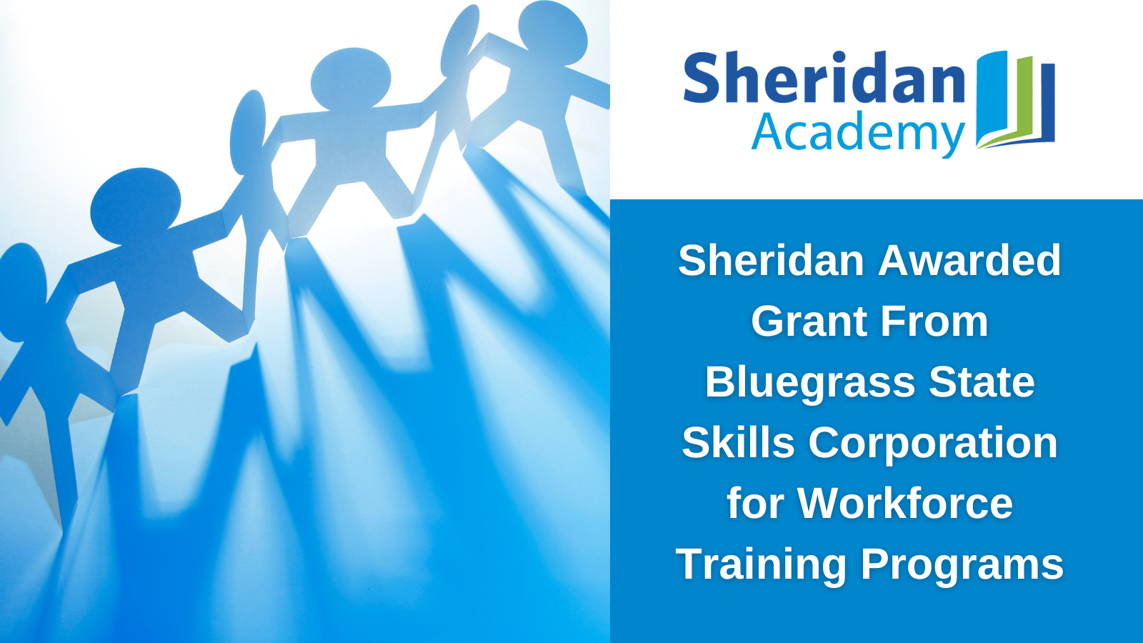 People cutout image with Sheridan Academy logo, blue box and text