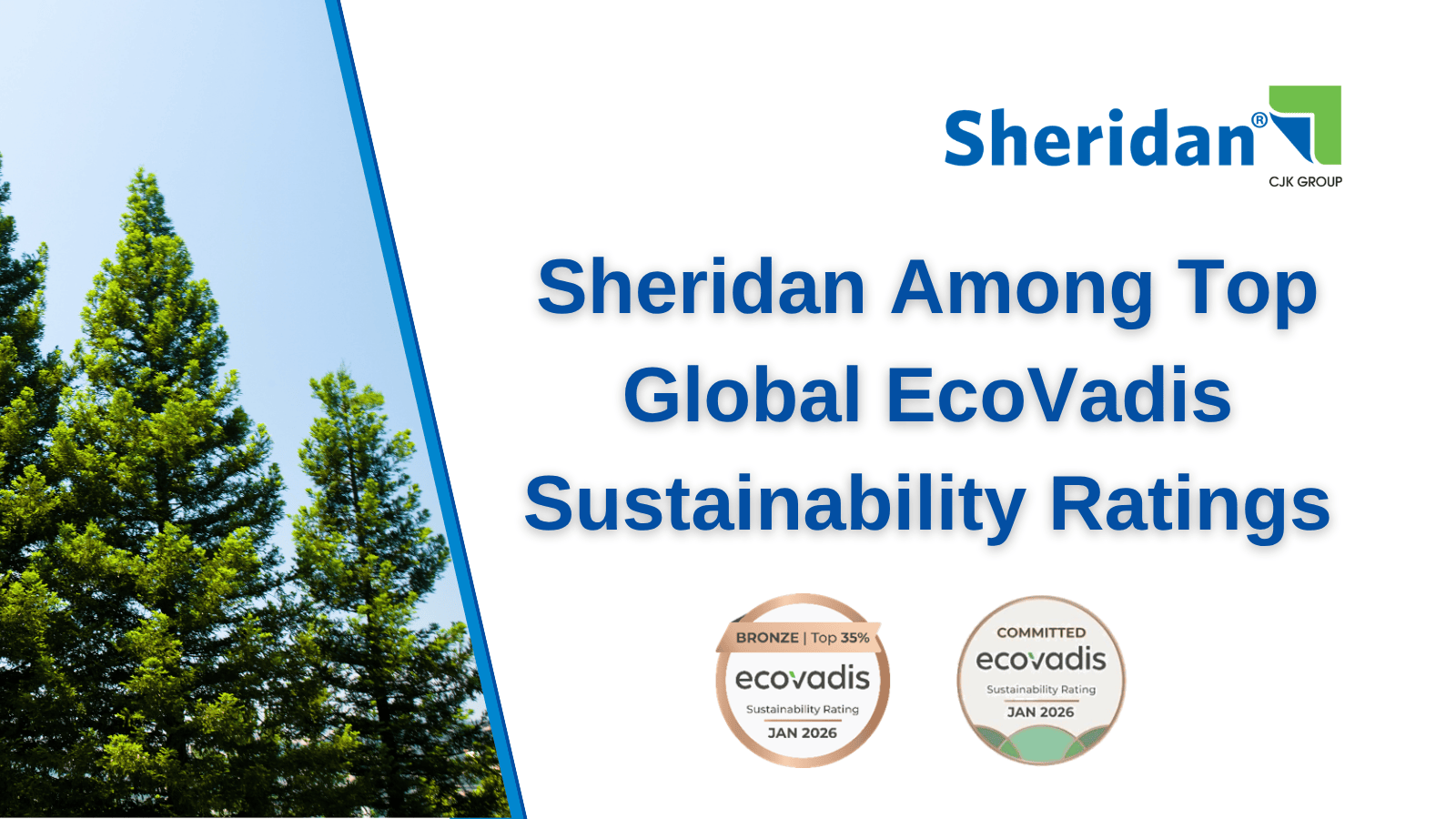 Trees along with title text, Sheridan, and EcoVadis badge and award